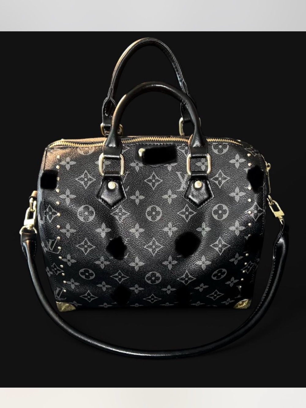 Anthropologie Black Monogram Satchel with Gold Hardware